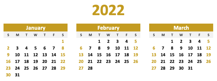 2020 calendar showing January, February, and March