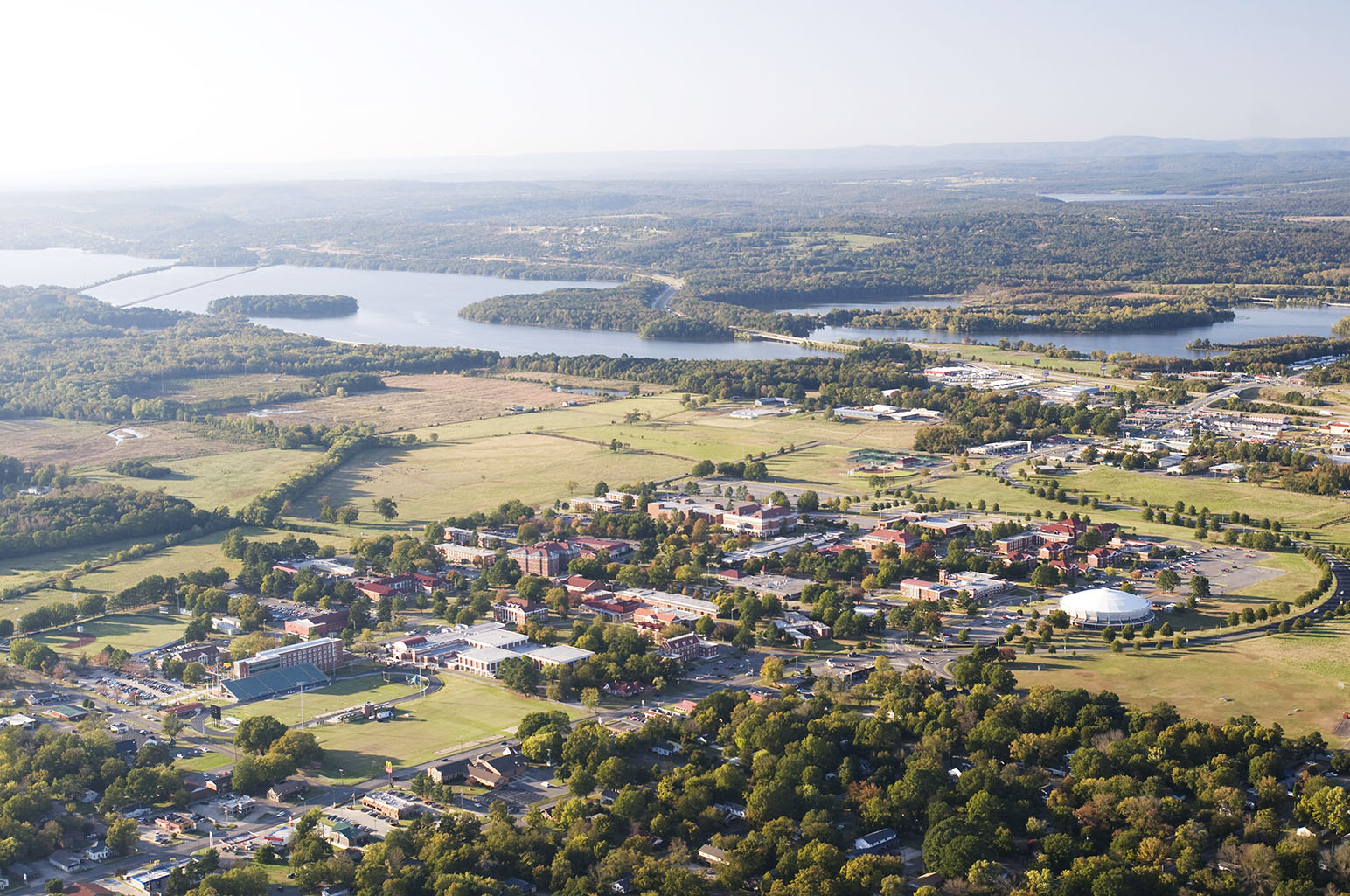 Aerial photo of ATU and the Arkansas River Valley