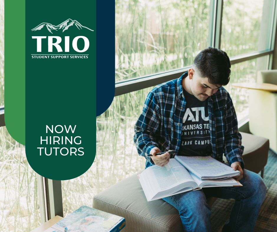 Picture of a student looking at a text book in the student services concourse. Text on image, TRIO Student Support Services. Now hiring tutors
