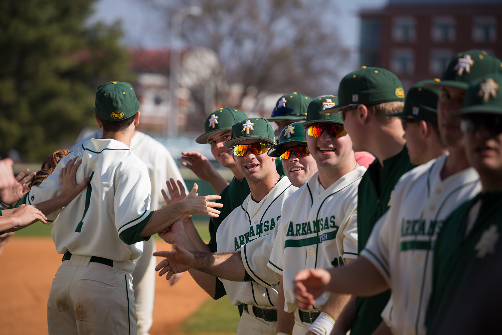 The baseball team congratulates each other after a great game
